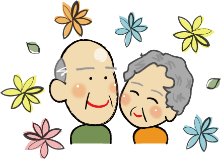 手をつなぐおじいちゃんとおばあちゃんとお花 のイラスト素材 かな絵箱